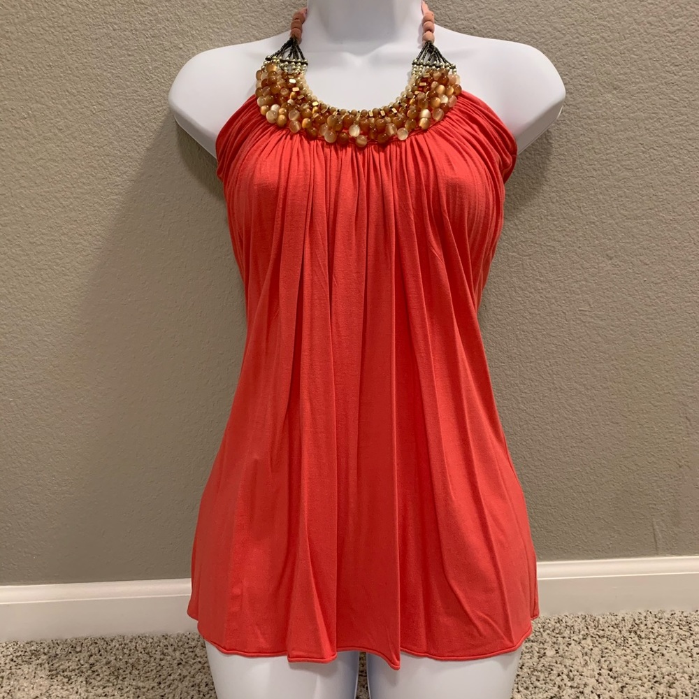 Marine Blu Coral Tank Top w/ Embellished Neckline